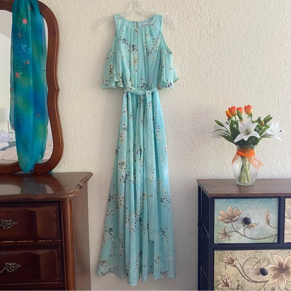 Calvin Klein 6 Maxi Dress Aqua Blue Asian Floral Cold Shoulder Chiffon Flowy - Picture 1 of 13